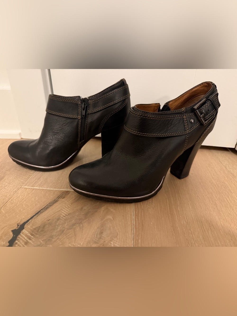 Sofft Black Leather High Heel Ankle Booties with Buckle